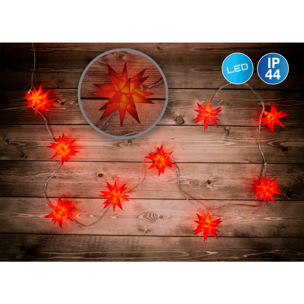 9er-Outdoor-LED-Weihnachtslichterkette 3D-Sterne / XMAS Lights - rot