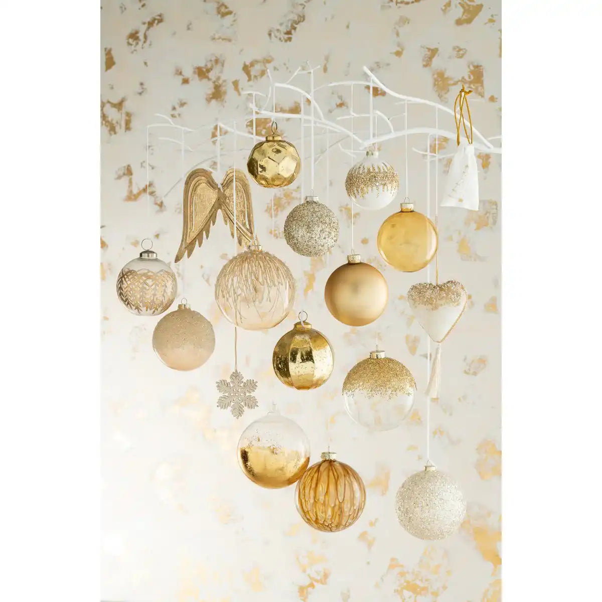 J-Line Box mit 4 Weihnachtskugeln, Perlen, glitzerndes Glas, Gold, groß