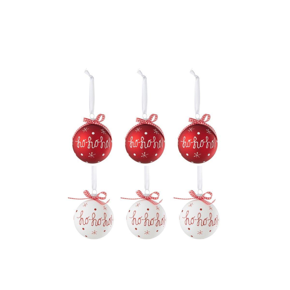 J-Line Box mit 6 Weihnachtskugeln, 3+3 Hoho+Schneeflocken+Schleife, Rot/Weiß, klein