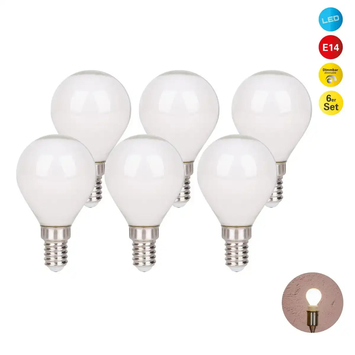 6er-Set LED Leuchtmittel mit E14-Fassung, Birnenform 4 Watt, aus Metall und Glas, milchig