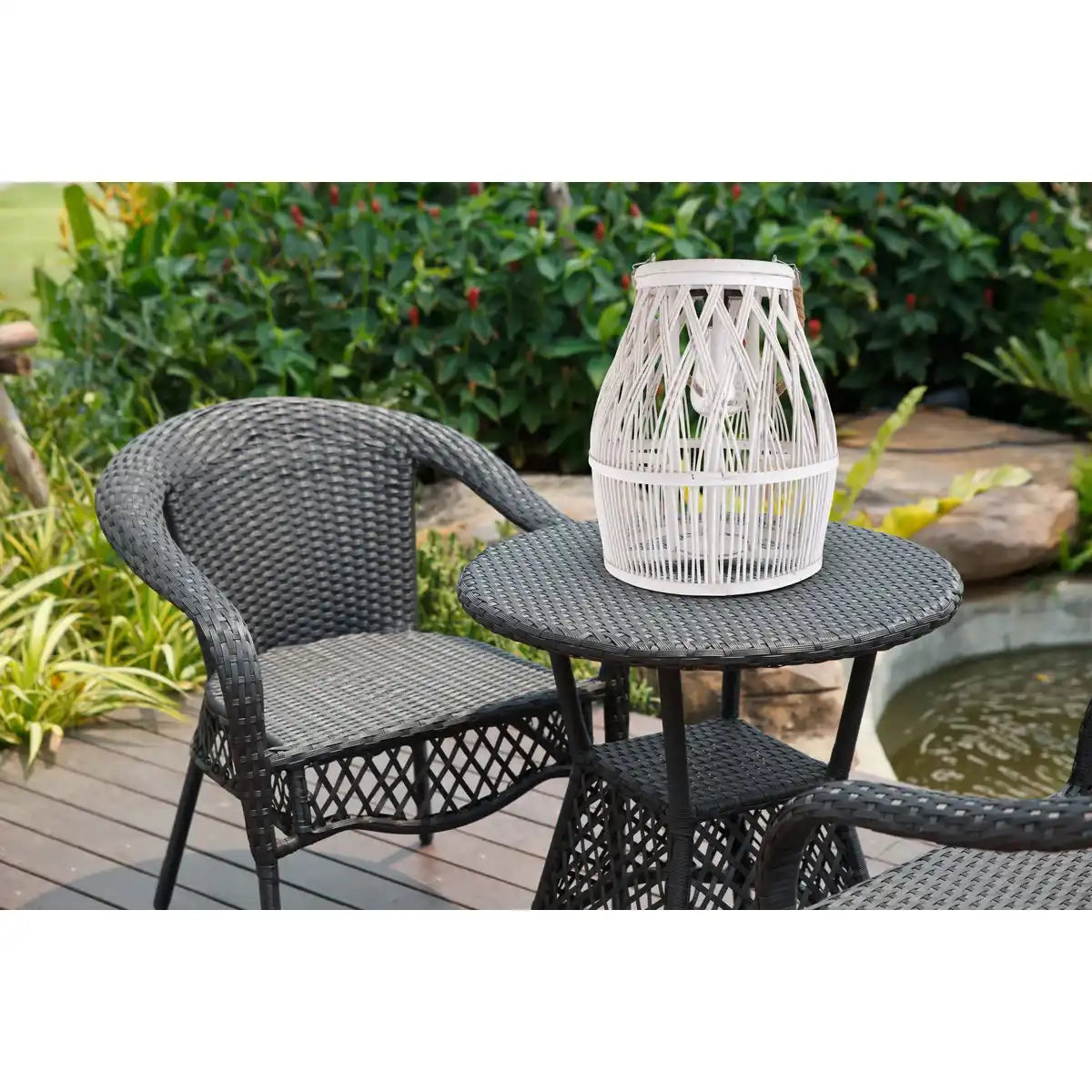 LED Solar-Dekoleuchte "Korbinian" für Garten und Terrasse aus Holz und Rattan in natur, Solar Lampe 34 cm hoch