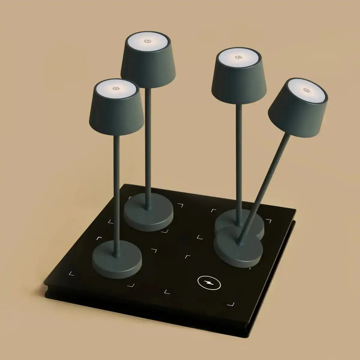 Combi Set Professional-4 x Vondel Mini Stone Grey Blehoargable Tischlampen & 1 x Amstel Wireless Ladestation mit Q1-Technologie