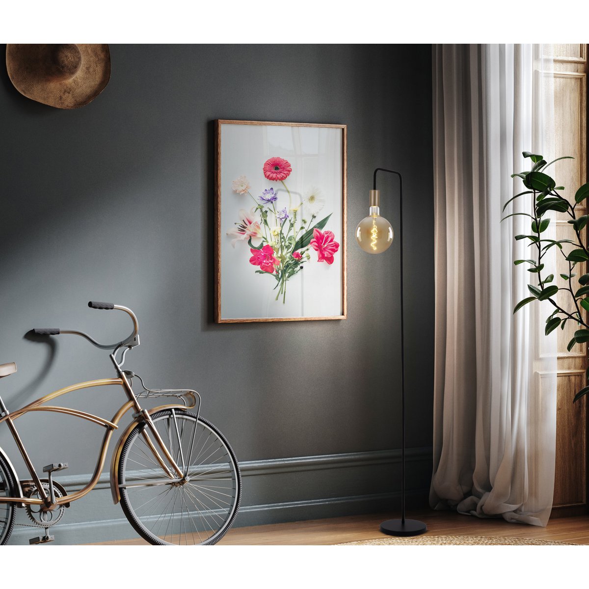 Stehleuchte "MODO" aus Metall in Schwarz,, Fassungen in Gold, E27-Fassung, Tischlampe für Wohnzimmer, Esszimmer, Küche, Diele, Flur oder Büro, 150 hoch