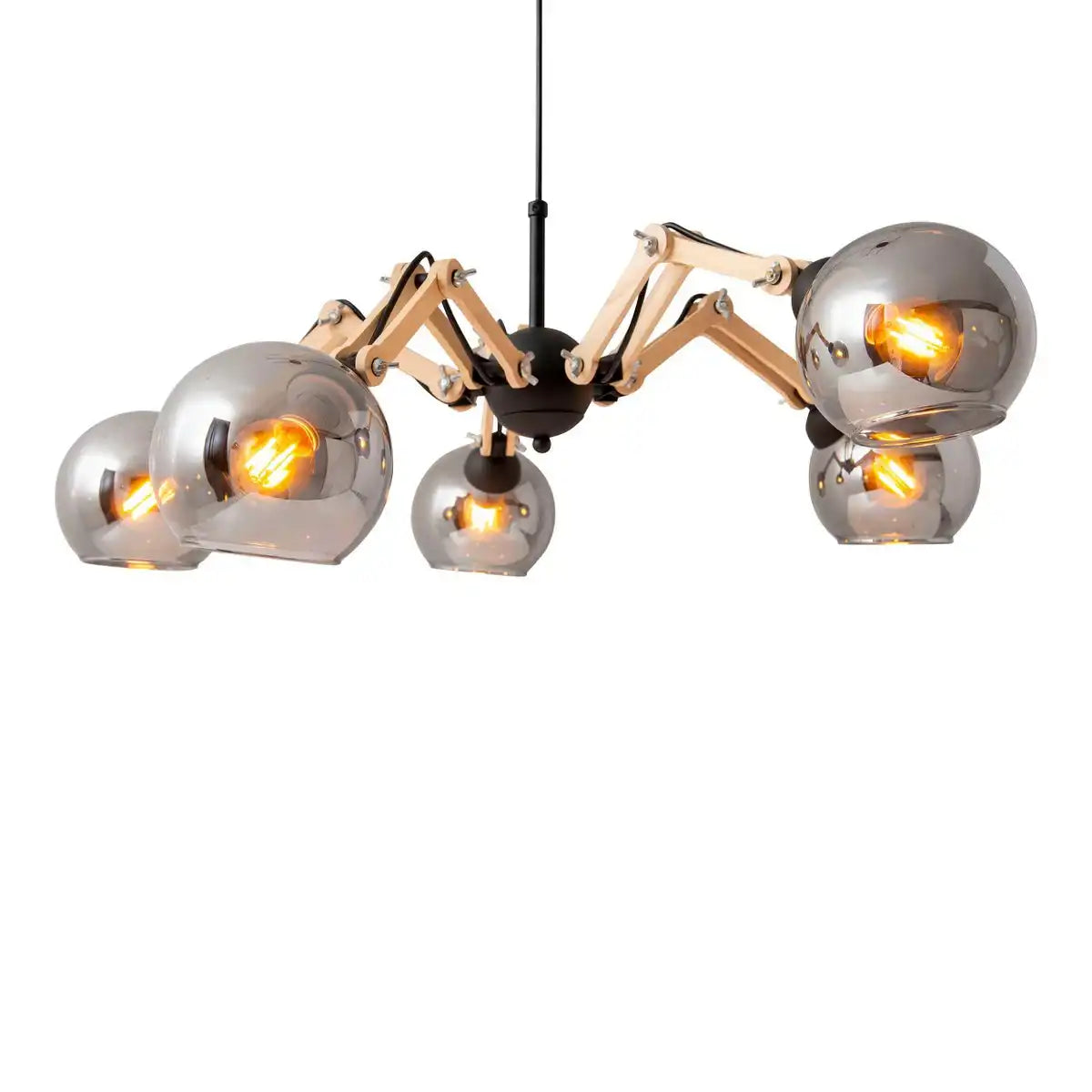 5er Glas-Pendelleuchte "SOITO" Hängelampe aus Metall, Glas und Gummibaumholz, mit E14-Fassung, für Esszimmer, Wohnzimmer, Diele oder Büro, 80 cm Durchmesser