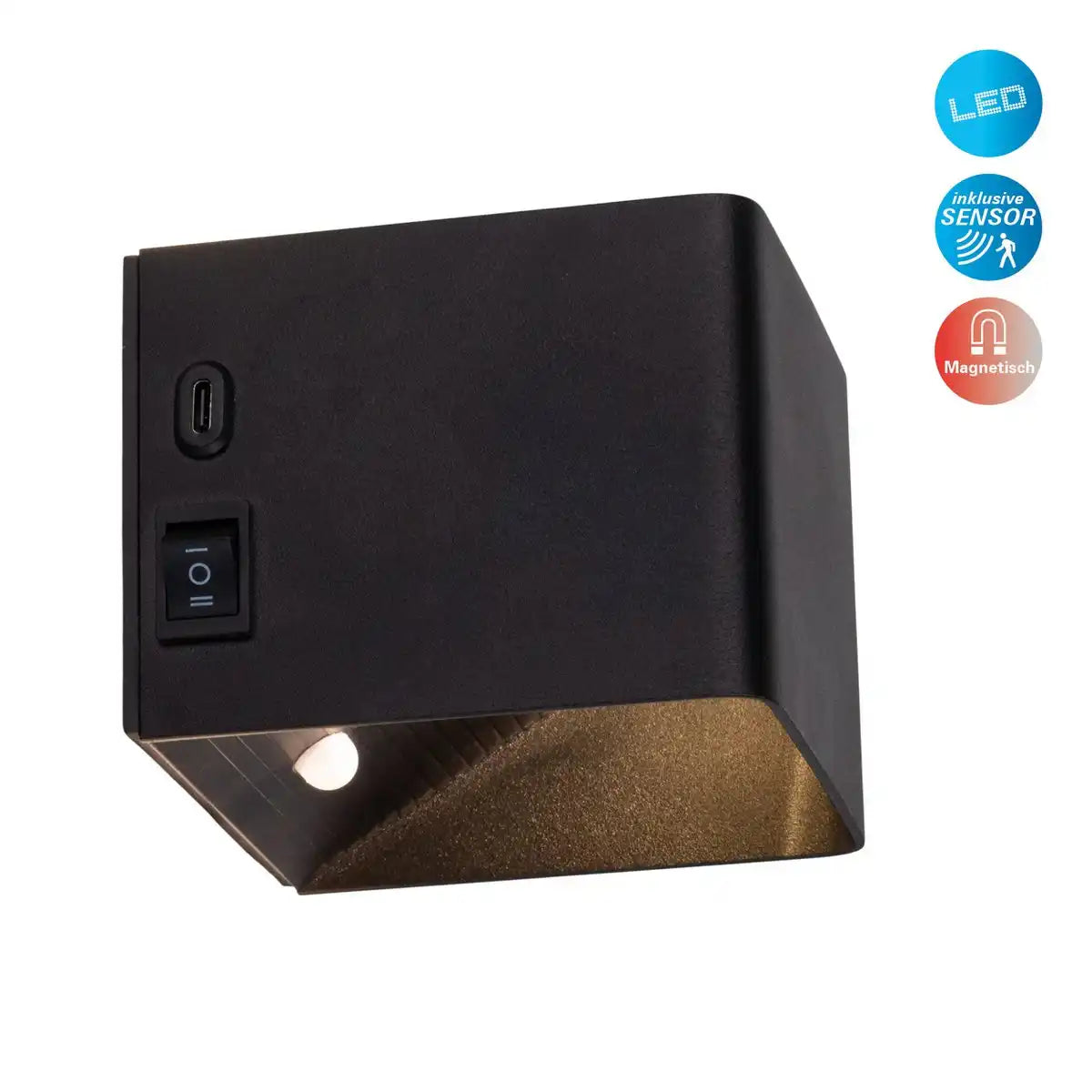 Akku-Wand-Leuchte "CUBE" magnetisch, ca 10 x 10 cm, aus schwarzem Metall, mit Bewegungssensor