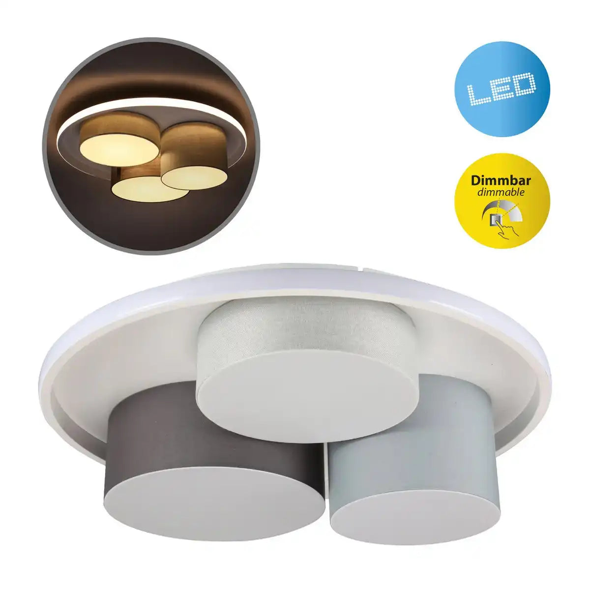 3er-LED Deckenleuchte "EPPAN" Ø 56cm, aus Metall, Kunststoff und Textil in Grau, integrierte LEDs, Beleuchtung für Wohnzimmer, Büro oder Eingangsbereich