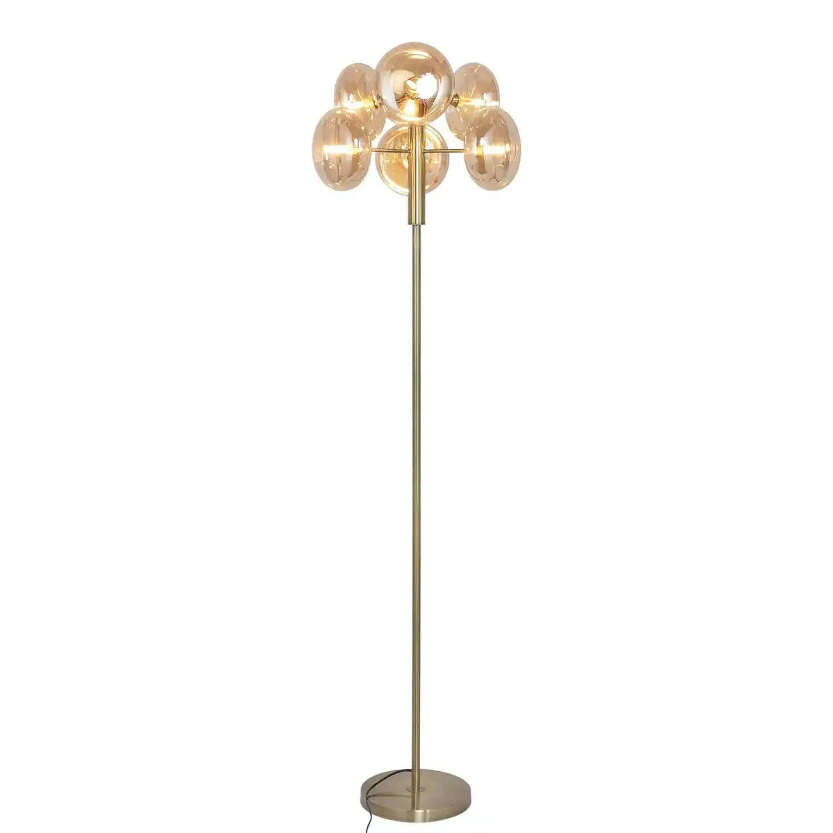 Stehleuchte "ORION" ca. 165 cm hoch, aus messingfarbenem Metall und Glas in amber, G9-Sockel, Beleuchtung für Wohnzimmer, Esszimmer oder Büro.