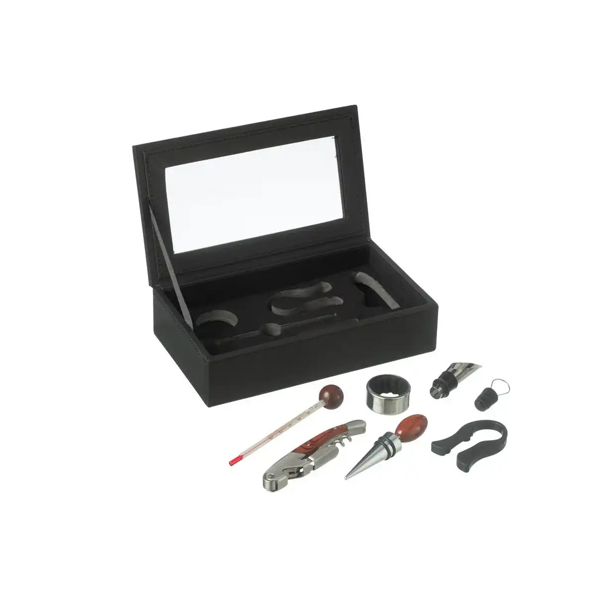 J-Line Box mit 6 Weinaccessoires – Kunstleder – Schwarz