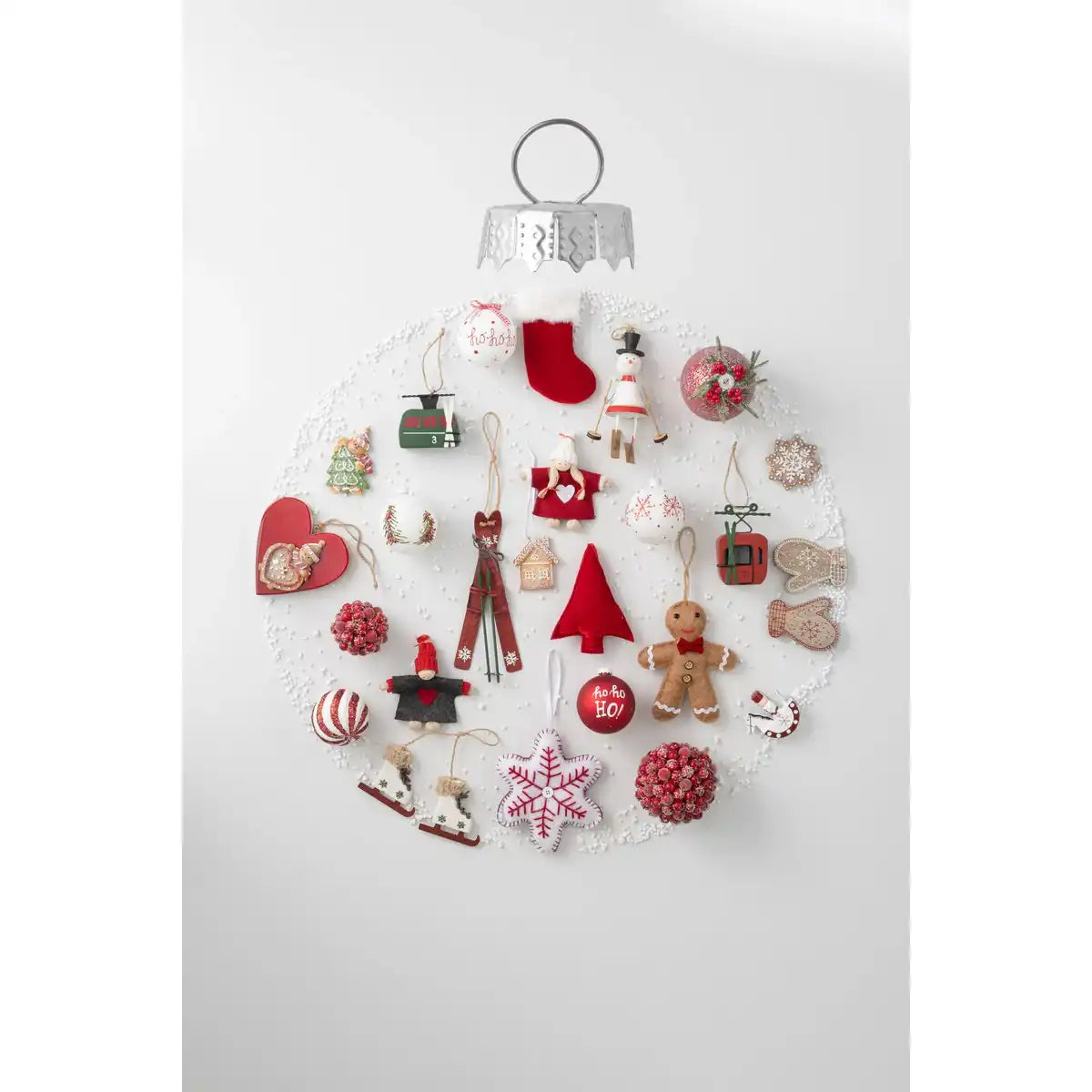 J-Line Box mit 6 Weihnachtskugeln, Schneeflocken, glitzerndem Glas, Weiß/RD, klein