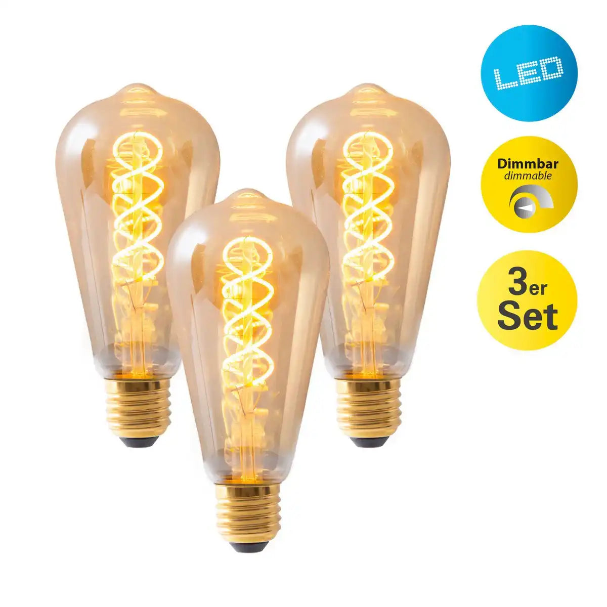 LED Leuchtmittel "DILLY" 3er-Set E27-Fassung, 4 Watt, Ø 6,4cm, aus Metall und Glas, amber