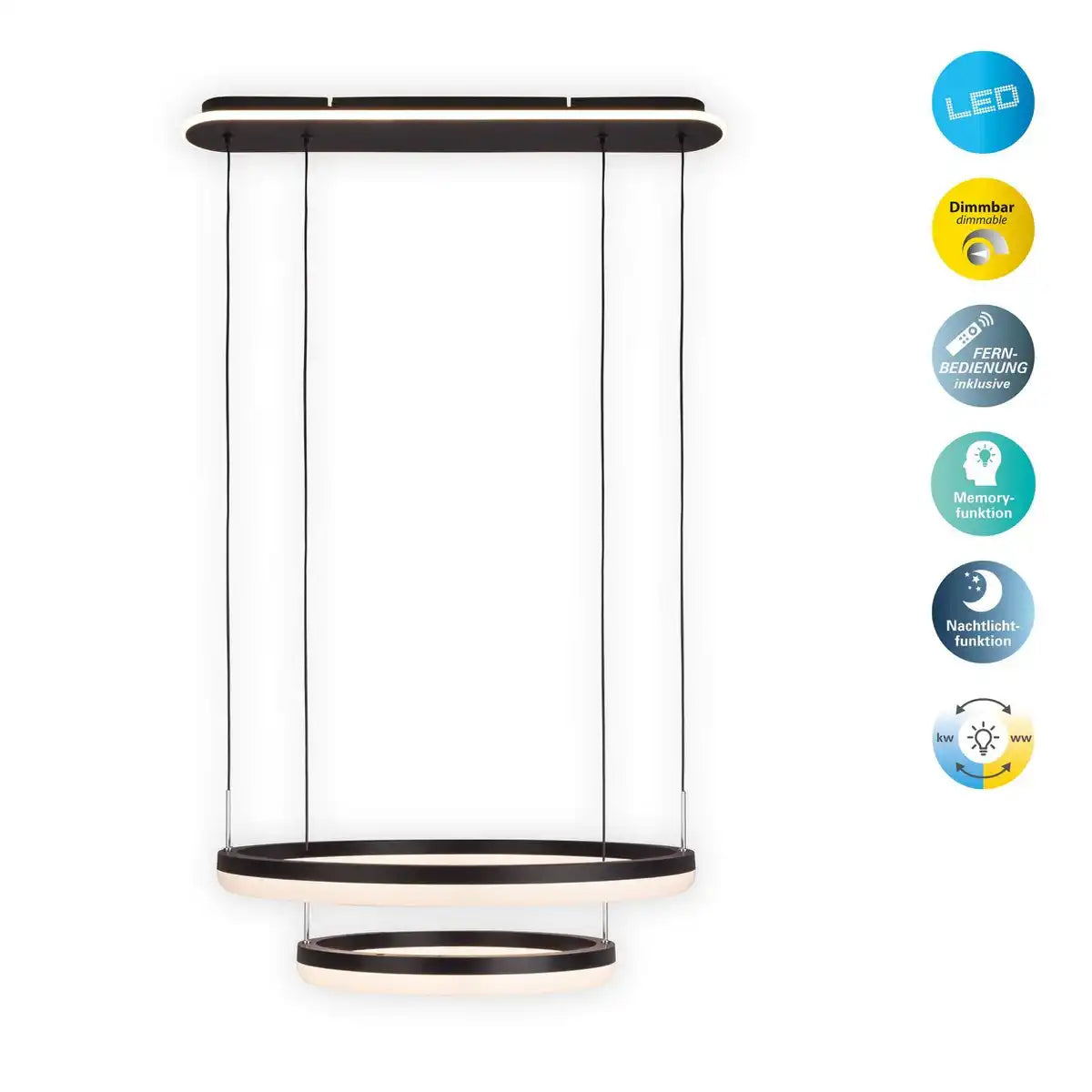 LED-CCT-Pendelleuchte "CIRCULO" aus schwarzem Metall und sandfarbenem Kunststoff, mit integrierter LED und vielen Funktionen, Ø 60 cm, 150 cm hoch.