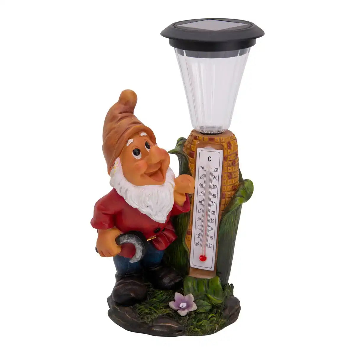 LED Deko Solarleuchte "Zwerg" mit Thermometer aus bemaltem Polyresin, ca 26 cm hoch und mit fest verbauten LEDs ausgestattet