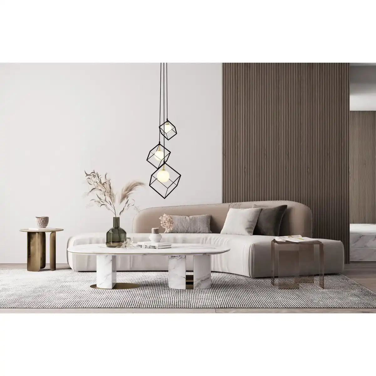 3-flammige Pendelleuchte "CADRE", Retro Pendellampe aus Metall und Glas in Schwarz, und Weiß mit G9-Fassung, insgesamt 147 cm hoch, für Wohnbereich und Büro.