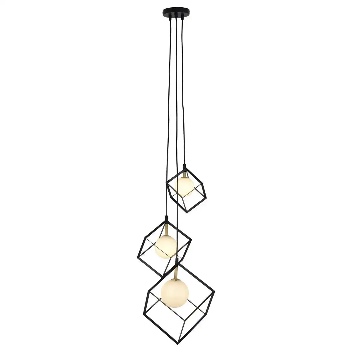 3-flammige Pendelleuchte "CADRE", Retro Pendellampe aus Metall und Glas in Schwarz, und Weiß mit G9-Fassung, insgesamt 147 cm hoch, für Wohnbereich und Büro.