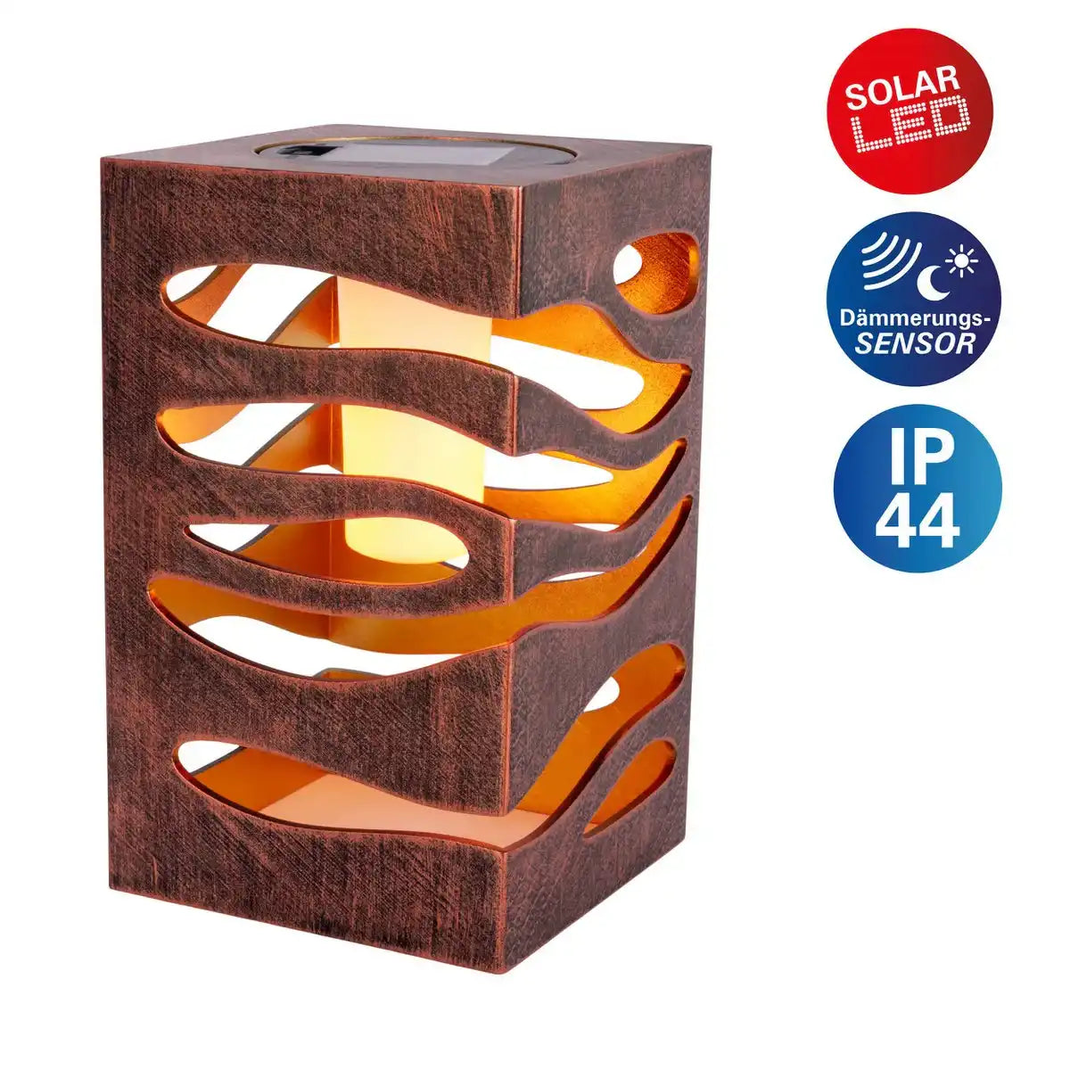 LED Deko-Solarleuchte "HILDA", 12,3 x 12,3 cm, 20 cm hoch, aus hochwertigem Kunststoff, innen Gold, außen gold-braunes Metall-Finish, integrierte LED, warmweiß
