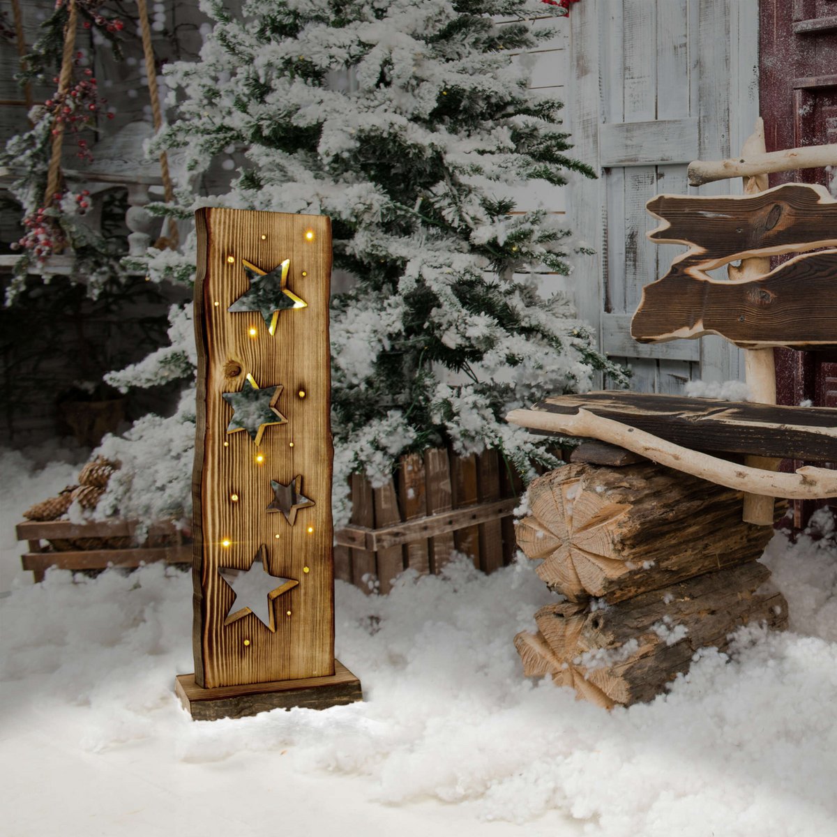 LED-Holz-Dekoleuchte Mond/Sterne 60 cm hoch Weihnacht-Deko aus Holz mit fest verbauten LEDs