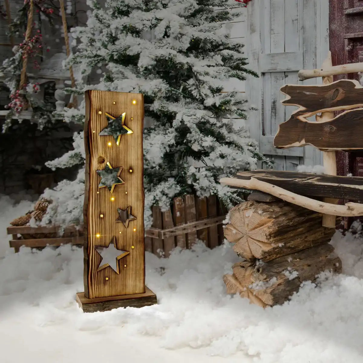 LED-Holz-Dekoleuchte Mond/Sterne 60 cm hoch Weihnacht-Deko aus Holz mit fest verbauten LEDs