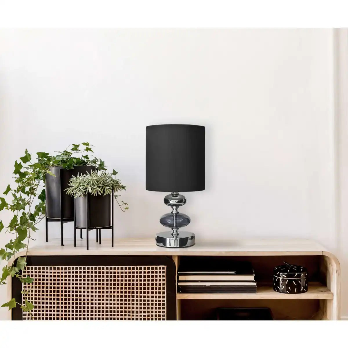 Stoff, Tischleuchte "MALI", Tischleuchte, Textil in Schwarz,, mit E14-Fassung, für Esszimmer, Wohnzimmer, Diele oder Büro, Tischlampe für Wohnzimmer oder Esszimmer, Nachttischlampe 28,5 cm hoch