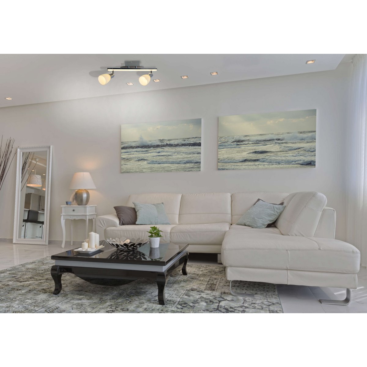 2-er LED Deckenleuchte "Ibiza" ca. 39 cm lang, chromfarbenes Metall, satiniertes, opalfarbenes Glas, integrierte LEDs, warmweiß