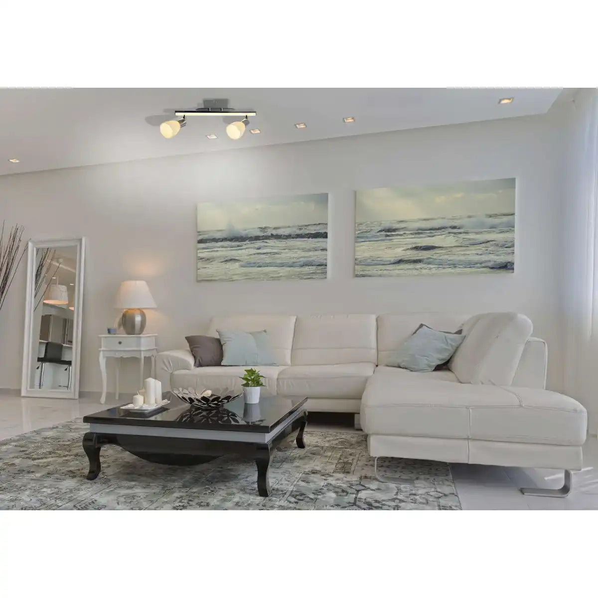 2-er LED Deckenleuchte "Ibiza" ca. 39 cm lang, chromfarbenes Metall, satiniertes, opalfarbenes Glas, integrierte LEDs, warmweiß