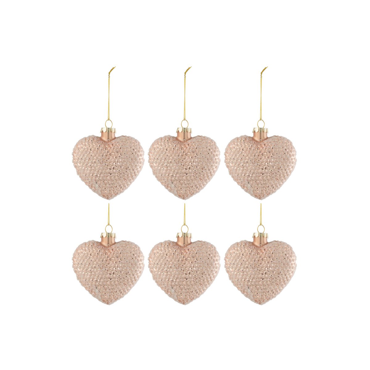 J-Line Box mit 6 Weihnachtskugeln, Herz, glitzerndes Glas, glänzend, hellrosa, klein