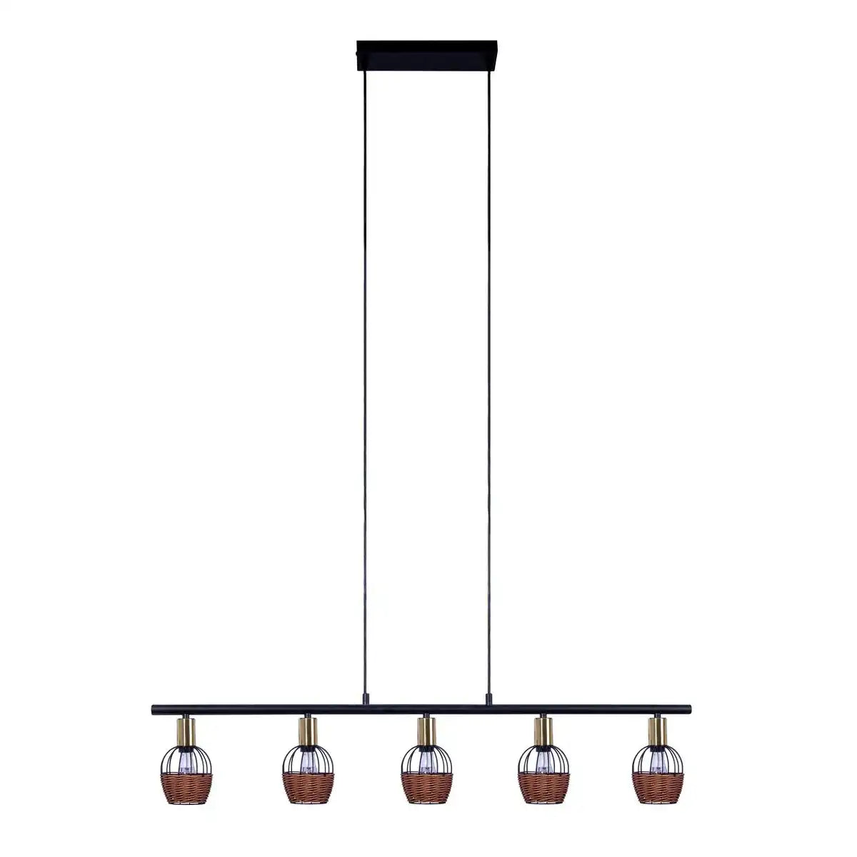 5er Pendelleuchte "CORBIS", Hängelampe aus Metall in Schwarz, mit Gold und Rattan, mit E14-Fassung, für Esszimmer, Wohnzimmer, Diele oder Büro, 100 cm lang