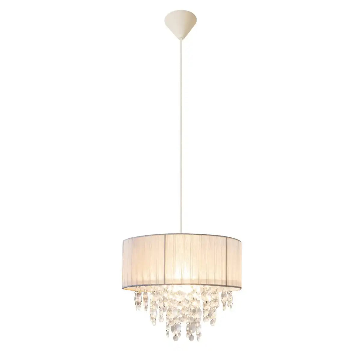 Deko-Pendelleuchte "KRISTALLO", Hängelampe aus Metall, transparentem Kunststoff und weißem Textilmaterial, E27-Fassung, für Esszimmer, Wohnzimmer, Diele oder Büro, 30 cm Durchmesser
