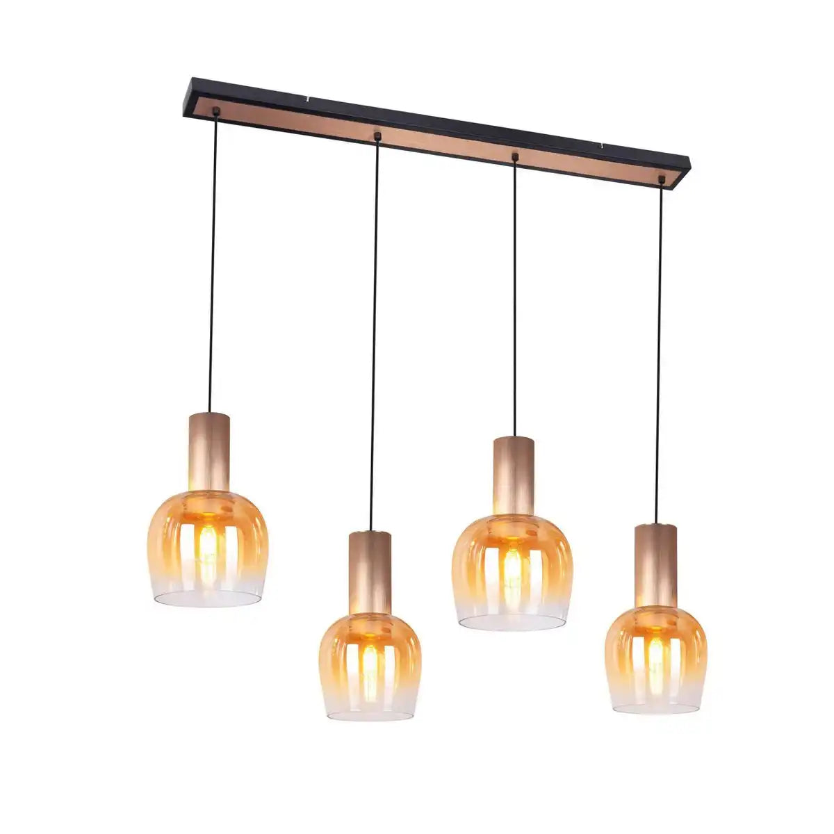 4-er Pendelleuchte "Funda", Retro Pendellampe aus amberfarbenem Glas und matt gebürstetem, messingfarbenem Metall, mit E27-Fassungen, 111 cm lang, 150 hoch, ideal für Esszimmer, Wohnzimmer und Küche.