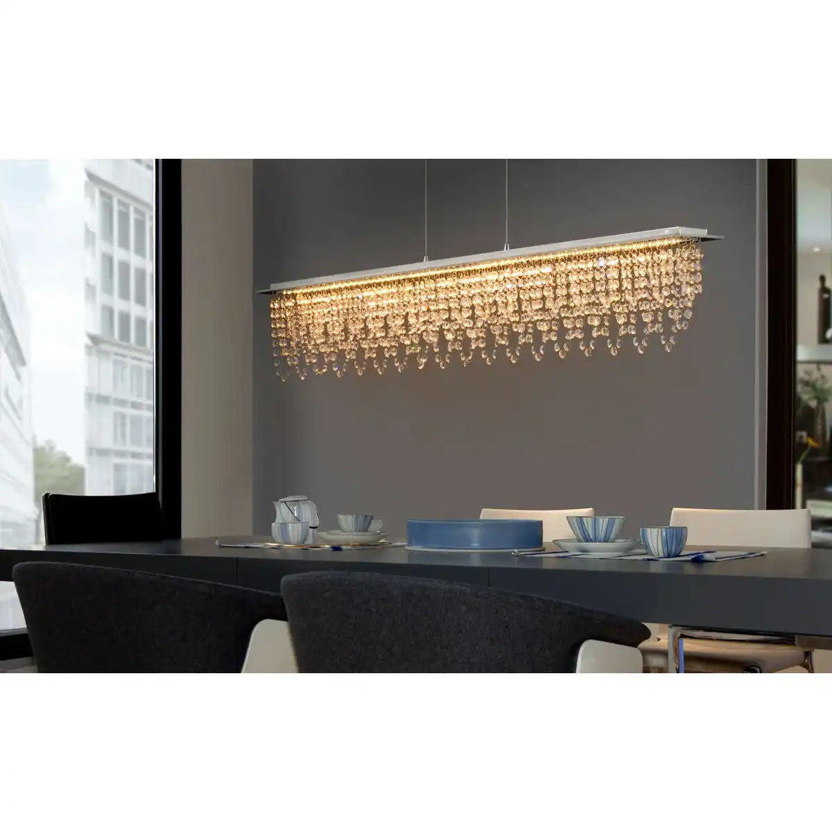 LED Pendelleuchte "DIAMONDS", Pendelleuchte, Metall und Kristallglas, Chrome, mit fest verbauten LEDs, für Esszimmer, Wohnzimmer, Diele oder Büro, 120 cm lang