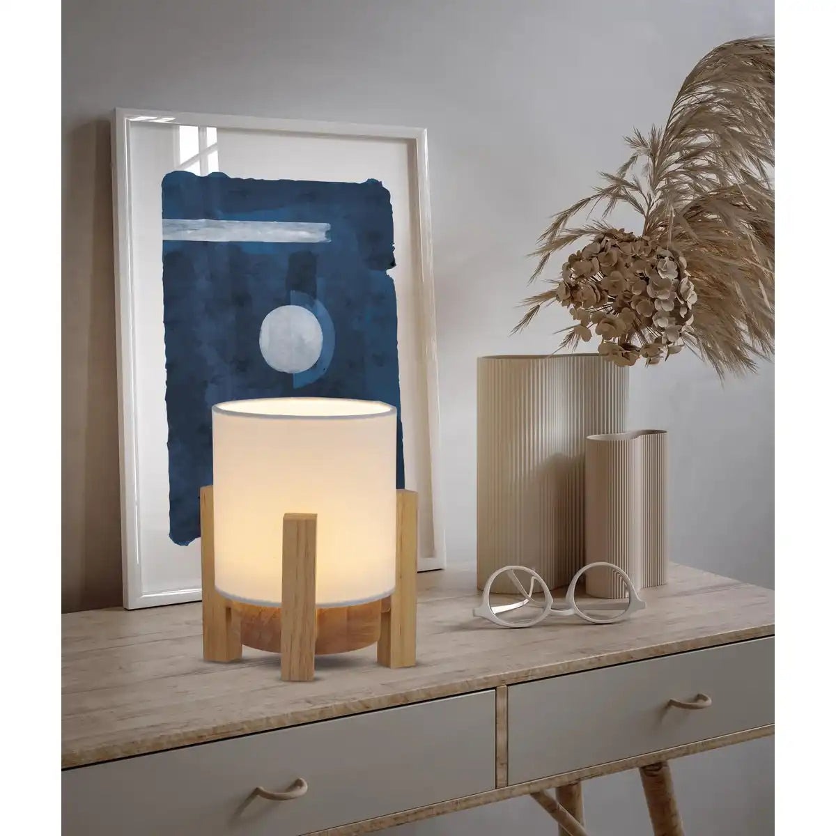 Akkutischleuchte "MADITA" 19 cm hoch, in Weiß/Natur, mit integrierter LED, dimmbar mit Berührungssensor