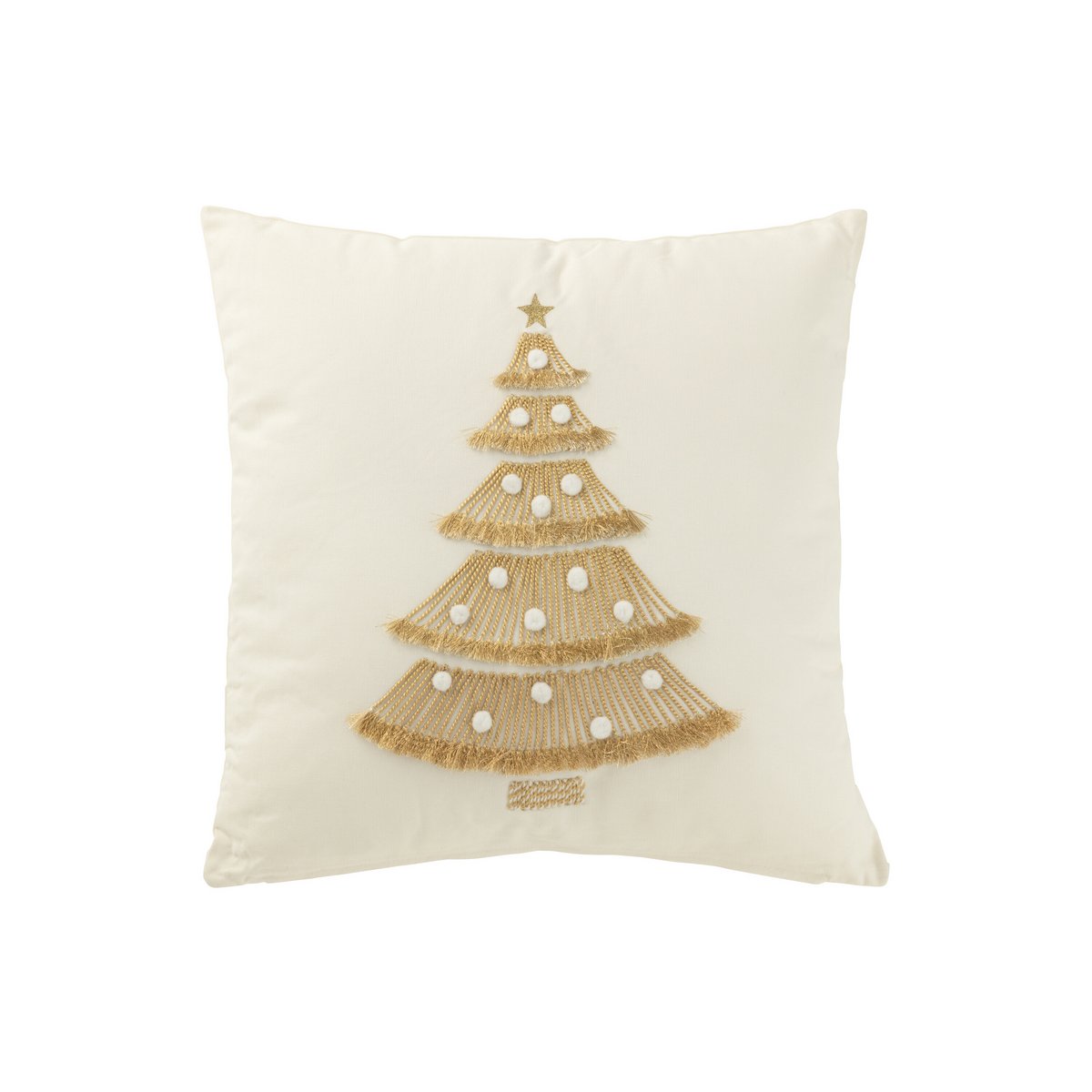 J-Line Kissen Weihnachtsbaum Fransen + Pompons – Baumwolle – Weiß/Gold