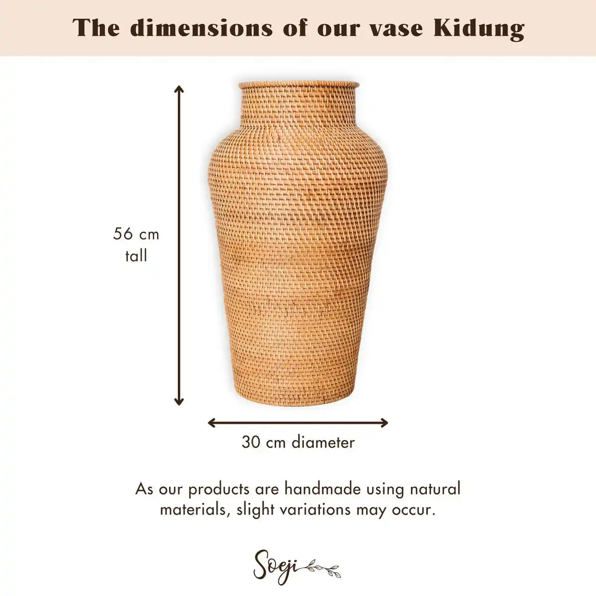 Geflochtene Rattanvase rund – Große Boho Dekovase – Vase hoch & schmal – Bodenvase handgefertigt aus Naturfasern (Ø 30 cm) KIDUNG