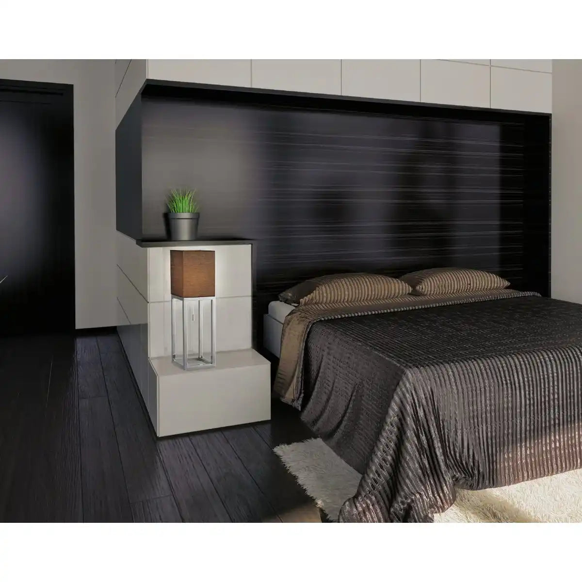 Tischleuchte "ALFA", moderne Tischlampe aus Metall und Textil in Chrom/Dunkelgrau mit E27-Fassung, 65 cm hoch, schicke Lampe für Diele, Wohnzimmer und Büro