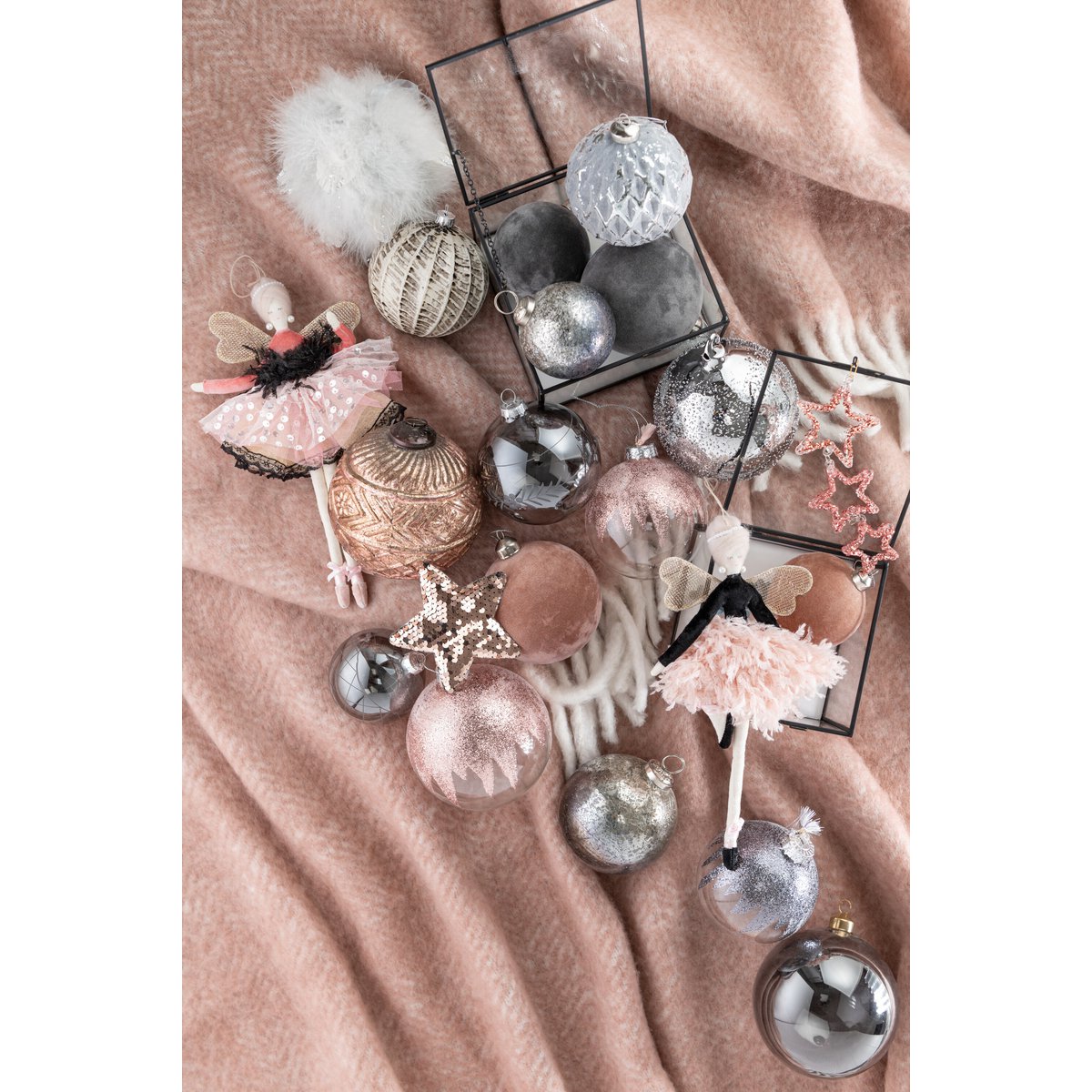 J-Line Weihnachtskugel – Samt/Glas – Grau – klein – 6er-Box