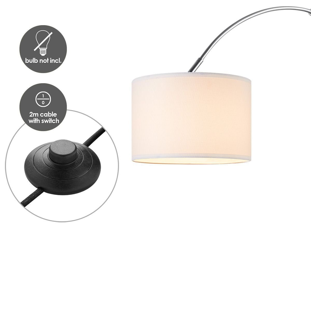 Moderne Bogen-Stehlampe – Duke – gebürsteter Stahl – Weiß