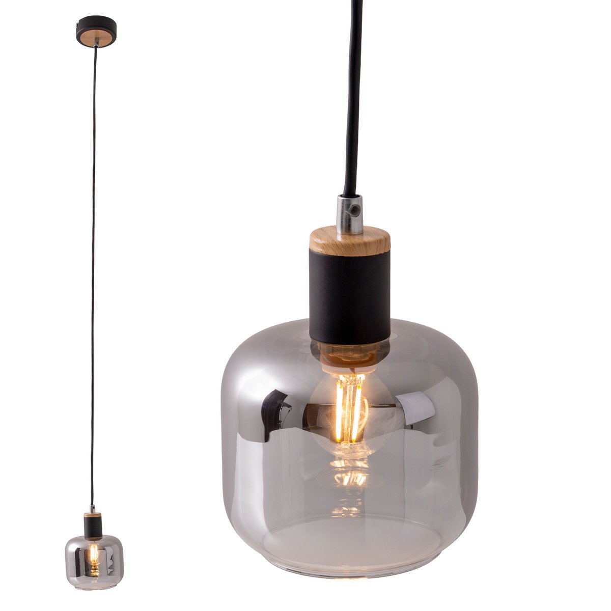 1er Pendelleuchte "FUMOSO", Pendellampe aus Metall und Glas in Schwarz,, mit E14-Fassung, für Esszimmer, Wohnzimmer, Diele oder Büro, Hängelampe 80 x 20 cm