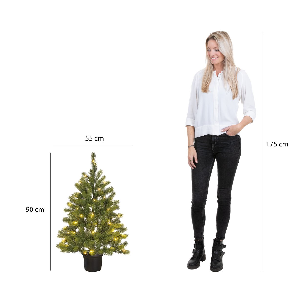 Künstlicher Weihnachtsbaum im Topf mit LED-Beleuchtung – H90 x Ø55 cm – Grün
