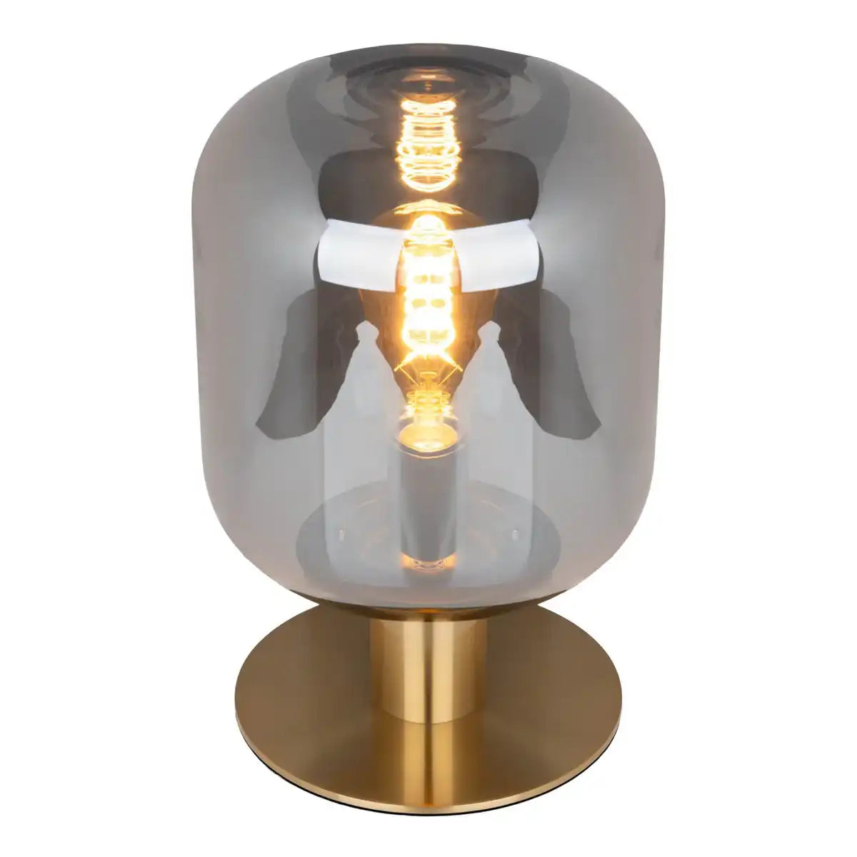 Glas-Tischleuchte "ALESSIO", 30 cm hoch, Ø 20 cm, goldfarbenes Metall, Rauchglas, E14