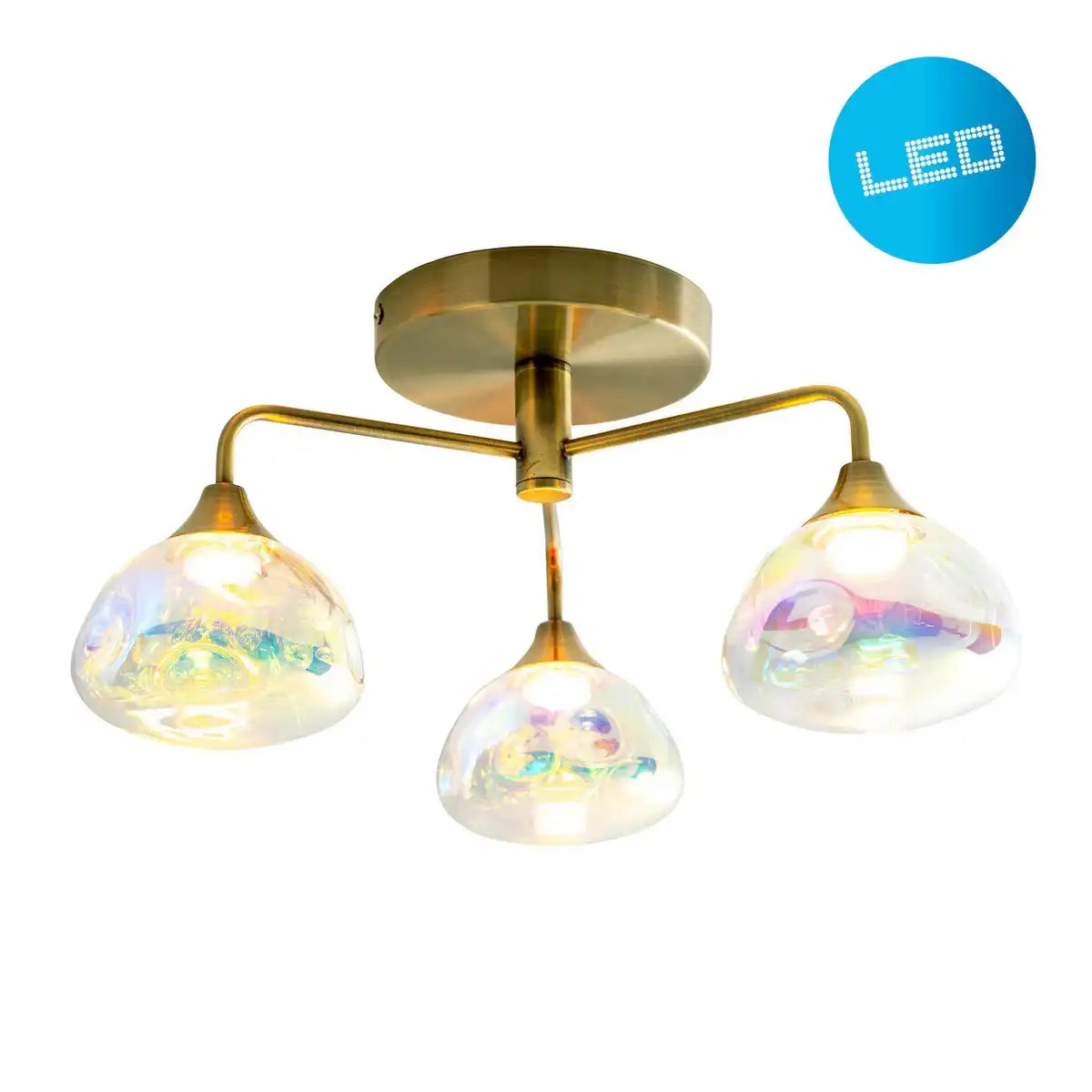 LED Deckenleuchte 3-flammig "VARNA", Deckenlampe aus messingfarbenem Metall und irisierendem Glas, mit fest verbauten LEDs, 42 cm Durchmesser, stilvolle Beleuchtung für Wohnzimmer, Esszimmer oder Diele