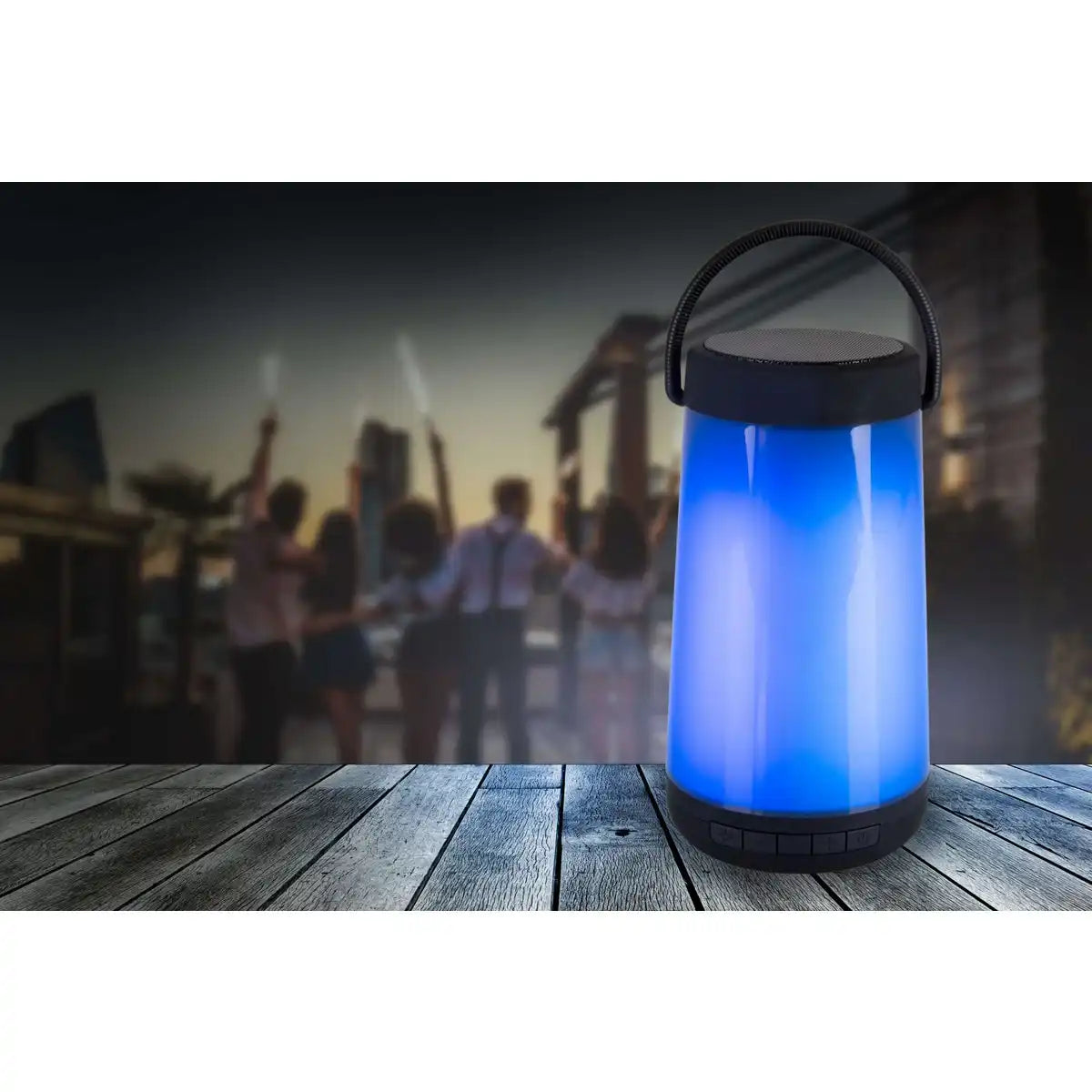 LED-Tischleuchte mit BT-Speaker "FESTA" für den Außenbereich aus schwarzem Kunststoff mit integrierten LEDs, 18 cm hoch