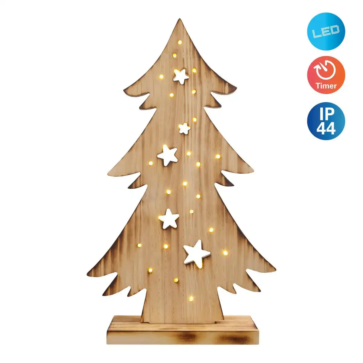 LED-Holz-Dekoleuchte "TANNENBAUM" klein, aus naturbelassenem Holz mit festverbauten LEDs, Weihnachtsdekoration für Außen