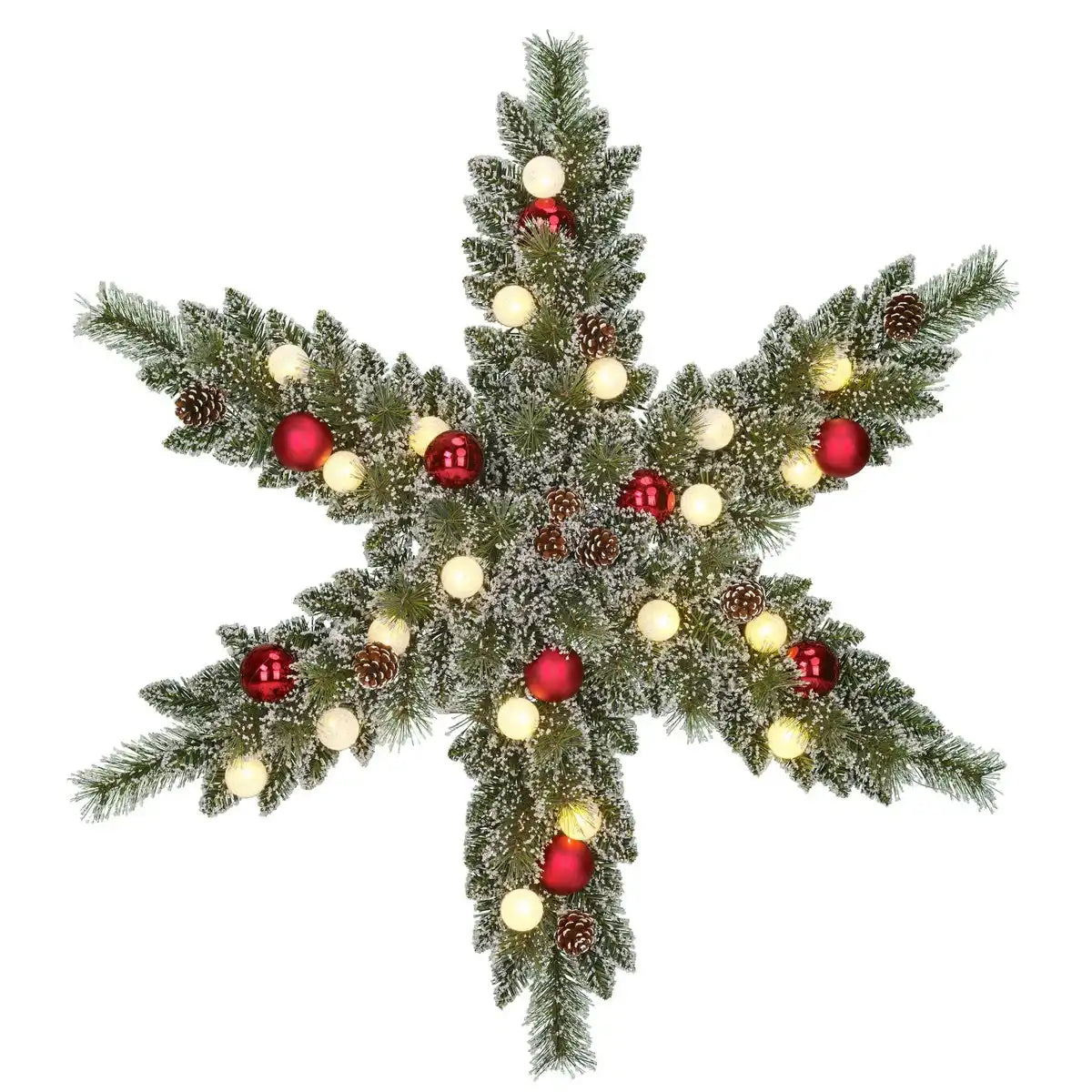 Weihnachtskranz Stern mit warmweißer LED-Beleuchtung – Ø90 cm – Grün gefrostet, Rot