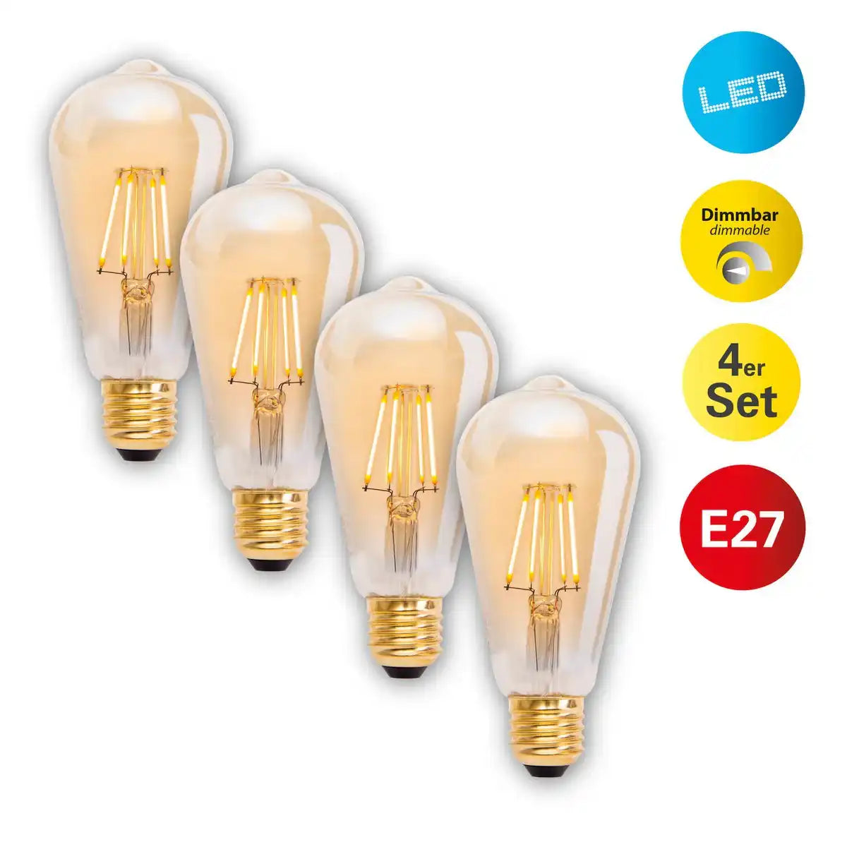 4er-Set LED Leuchtmittel E27-Fassung 4 Watt, aus Metall und Glas, warmweiß