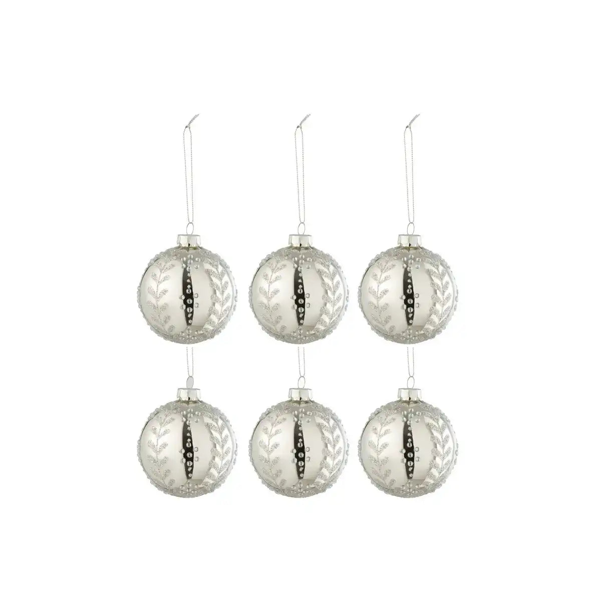 J-Line Box mit 6 Weihnachtskugeln, Blätter, glitzerndes Glas, glänzendes Silber, klein