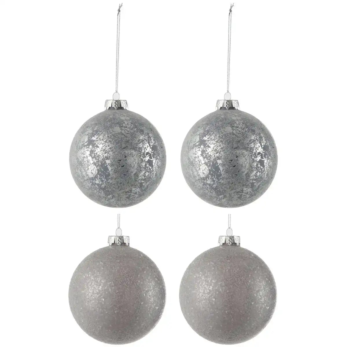 J-Line Weihnachtskugel Pailletten + Antik – Glas – Grau – 4er-Box