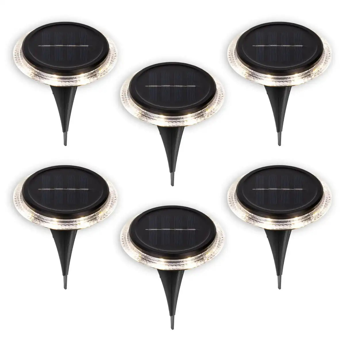 6er Set Solar-Boden-Erdspießleuchte Ø ca, 11,2 cm, schwarzer Kunststoff, Dämmerungssensor, für Eingang, Terrasse und Wege
