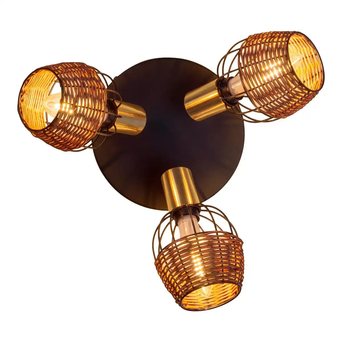 3er Deckenrondell "CORBIS", Spot aus Metall in Schwarz, mit Gold und Rattan, mit E14-Fassung, für Esszimmer, Wohnzimmer, Diele oder Büro, Beleuchtung für Wohnzimmer, Esszimmer oder Büro, 38 cm Durchmesser