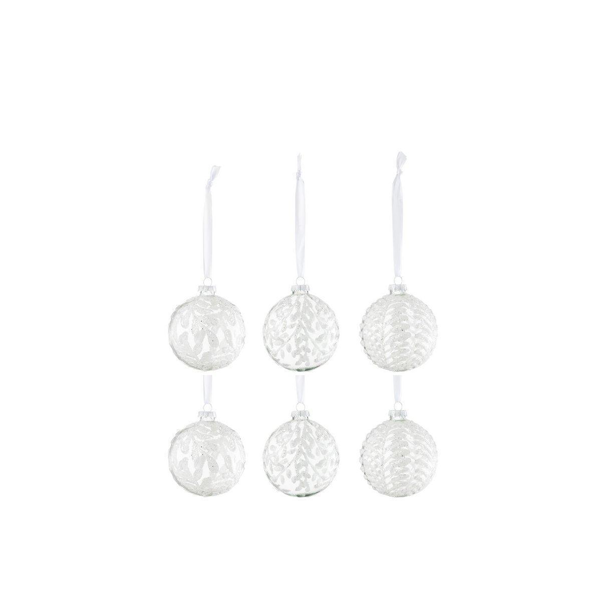 J-Line Box mit 6 Weihnachtskugeln, 2+2+2 Blätter, Pailletten, Glas, Weiß, klein