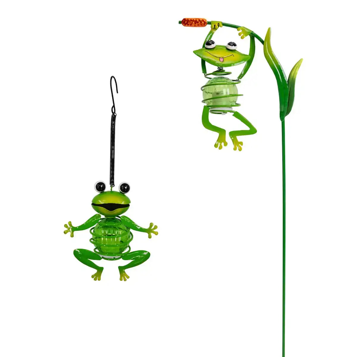 2er Set Solar-Deko-Hängeleuchte "FROSCH" ca. 20 und 66 cm hoch, aus bemaltem . Dämmerungssensor;