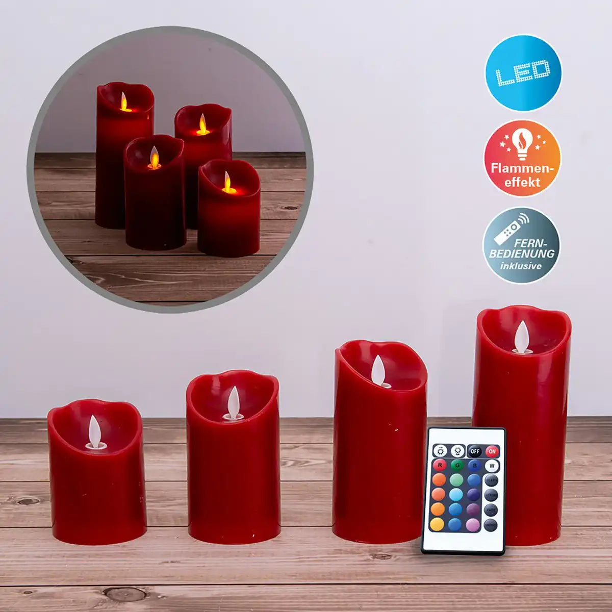 4er-Set LED-Kerzen Weihnachtsdeko aus Kunststoff in rot mit fest verbauten LEDs